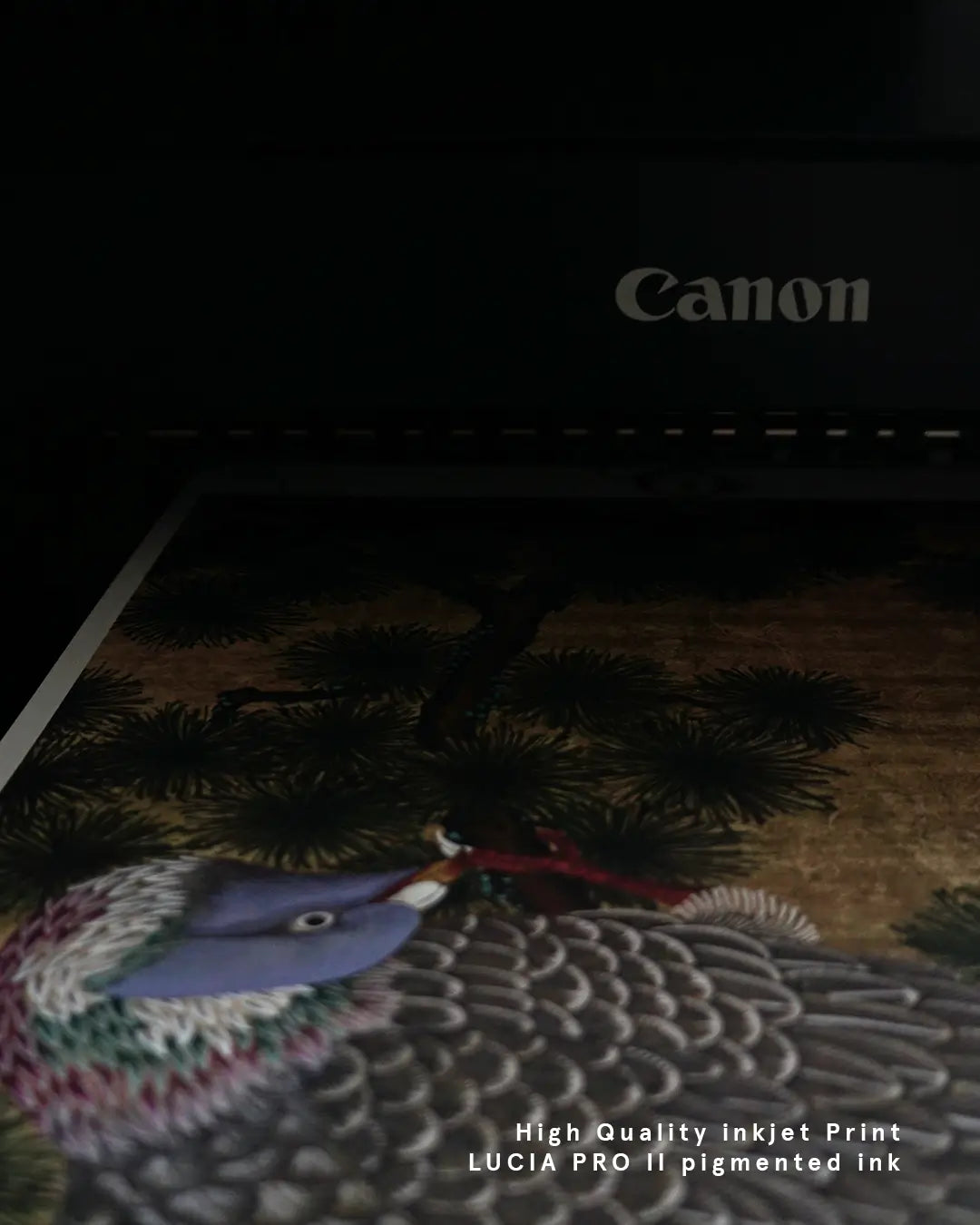 A close-up photograph showing a fine art print emerging from a Canon printer, featuring the wood pigeon artwork "郷愁 - Nostalgia -" with pine tree details on a textured gold background, accompanied by white text overlay at the bottom right reading "High Quality inkjet Print LUCIA PRO II pigmented ink."