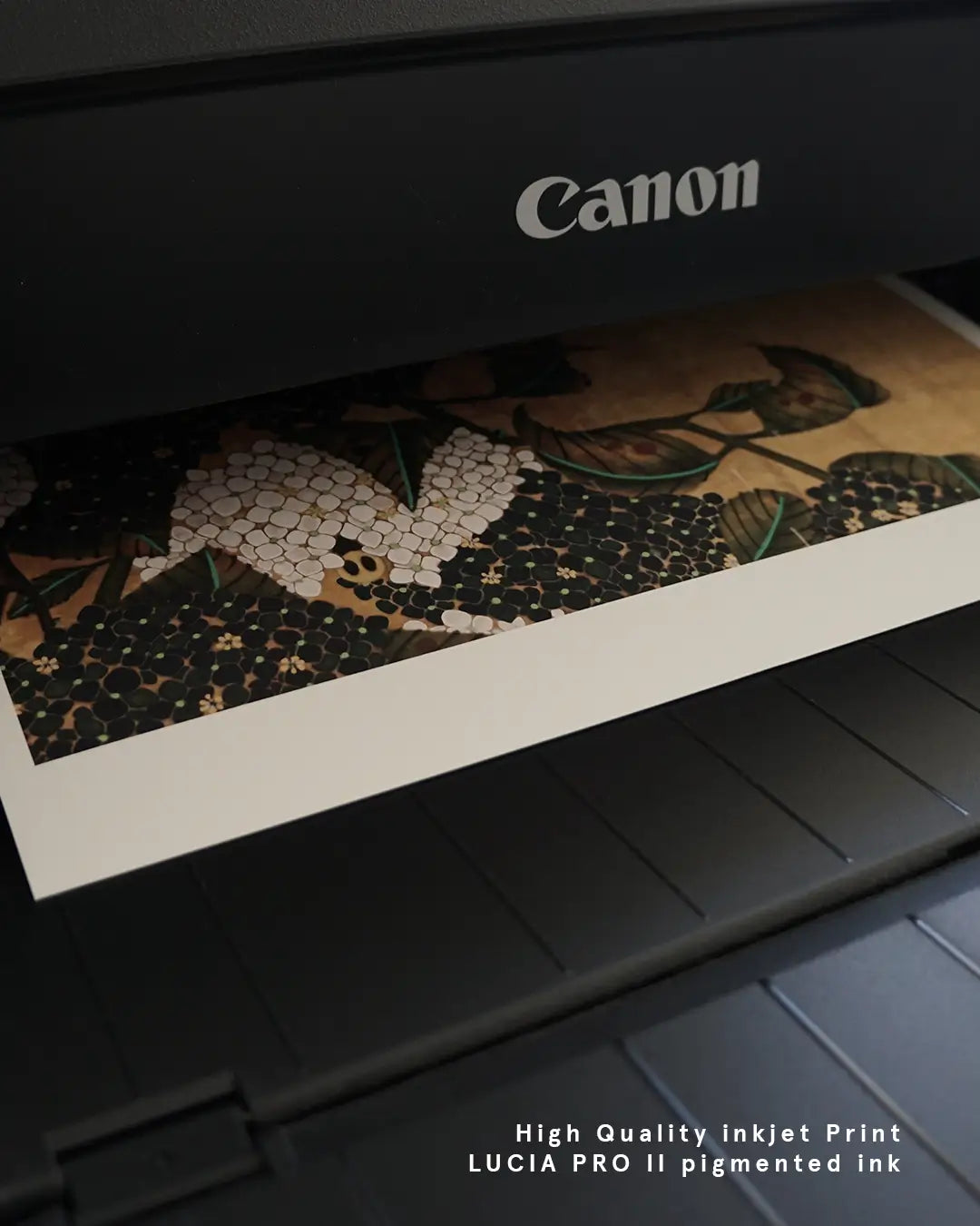 A close-up photograph showing a fine art print coming out of a Canon printer. The detailed artwork features intricate white hydrangea flowers, dark botanical patterns, and green foliage on a warm gold backdrop, with white text overlay at the bottom right reading "High Quality inkjet Print LUCIA PRO II pigmented ink."
