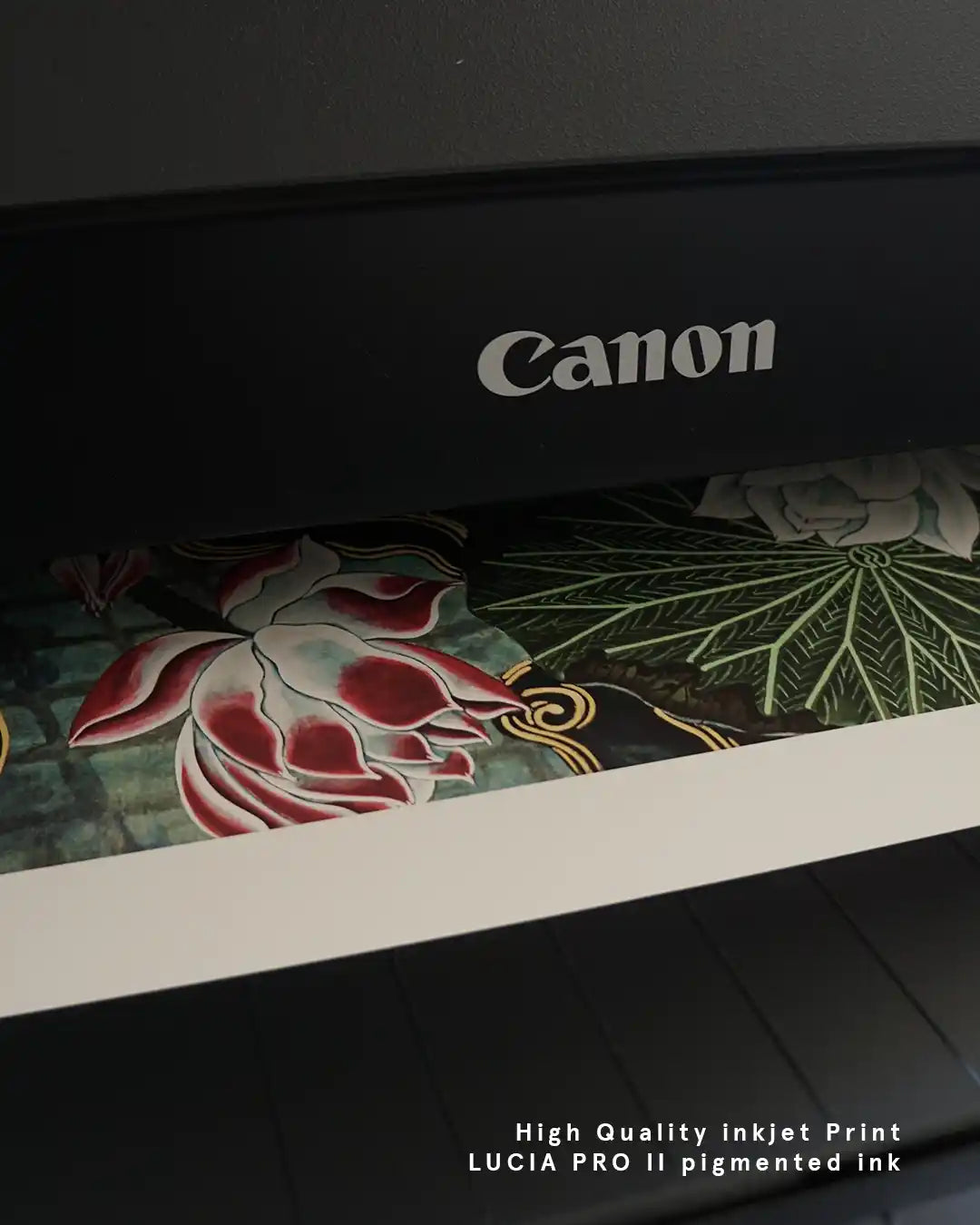 A close-up photograph showing a fine art print emerging from a Canon printer. The detailed artwork features striking red and white water lily blossoms and large green leaves, with white text overlay at the bottom right reading "High Quality inkjet Print LUCIA PRO II pigmented ink."