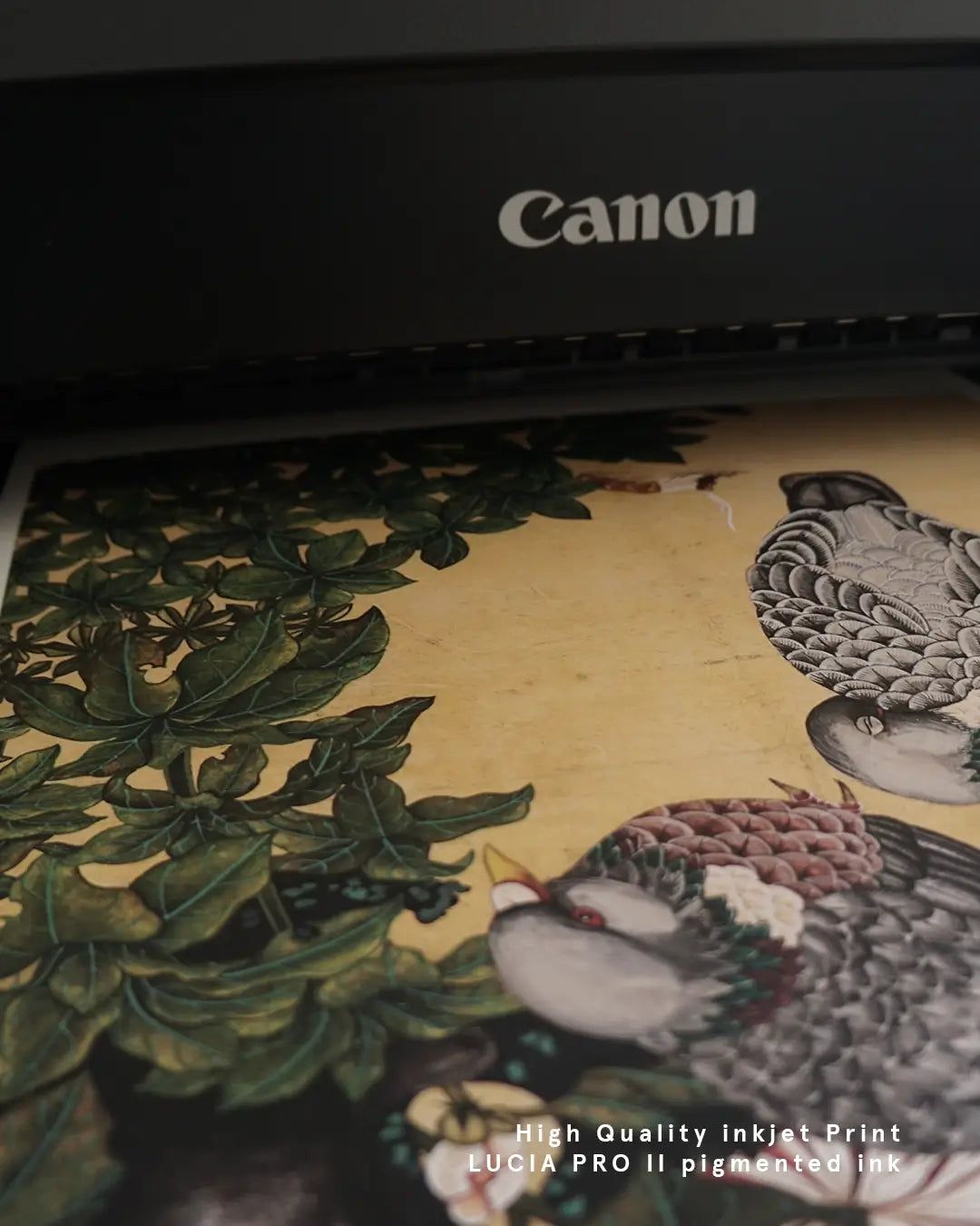 A close-up photograph showing a fine art print emerging from a Canon ImagePROGRAF PRO printer. The artwork features Japanese-style illustrations of pigeons alongside green foliage and nandina plants on a warm gold background, overlayed with white text at the bottom reading "High Quality inkjet Print LUCIA PRO II pigmented ink."