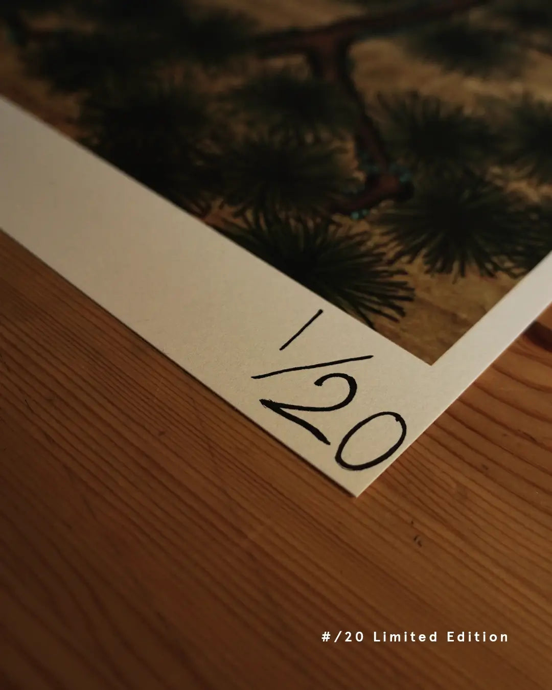 A detailed close-up shot of the lower-left corner of the "郷愁 - Nostalgia -" fine art print on a wooden surface, displaying hand-written edition numbering "1/20" on the white margin, with pine tree needle artwork visible above and text overlay reading "#/20 Limited Edition."