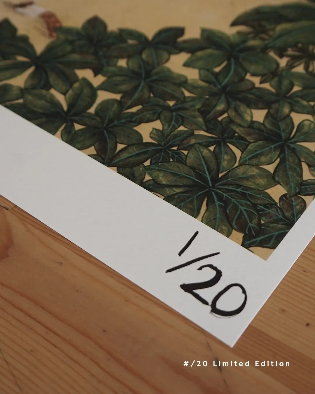 A close-up view of the bottom corner of a fine art print resting on a wooden tabletop, showing the hand-written edition numbering "1/20" on the clean white margin. The artwork above features intricate, layered green leaf motifs on a warm background, with modern white text overlay at the bottom right reading "#/20 Limited Edition."