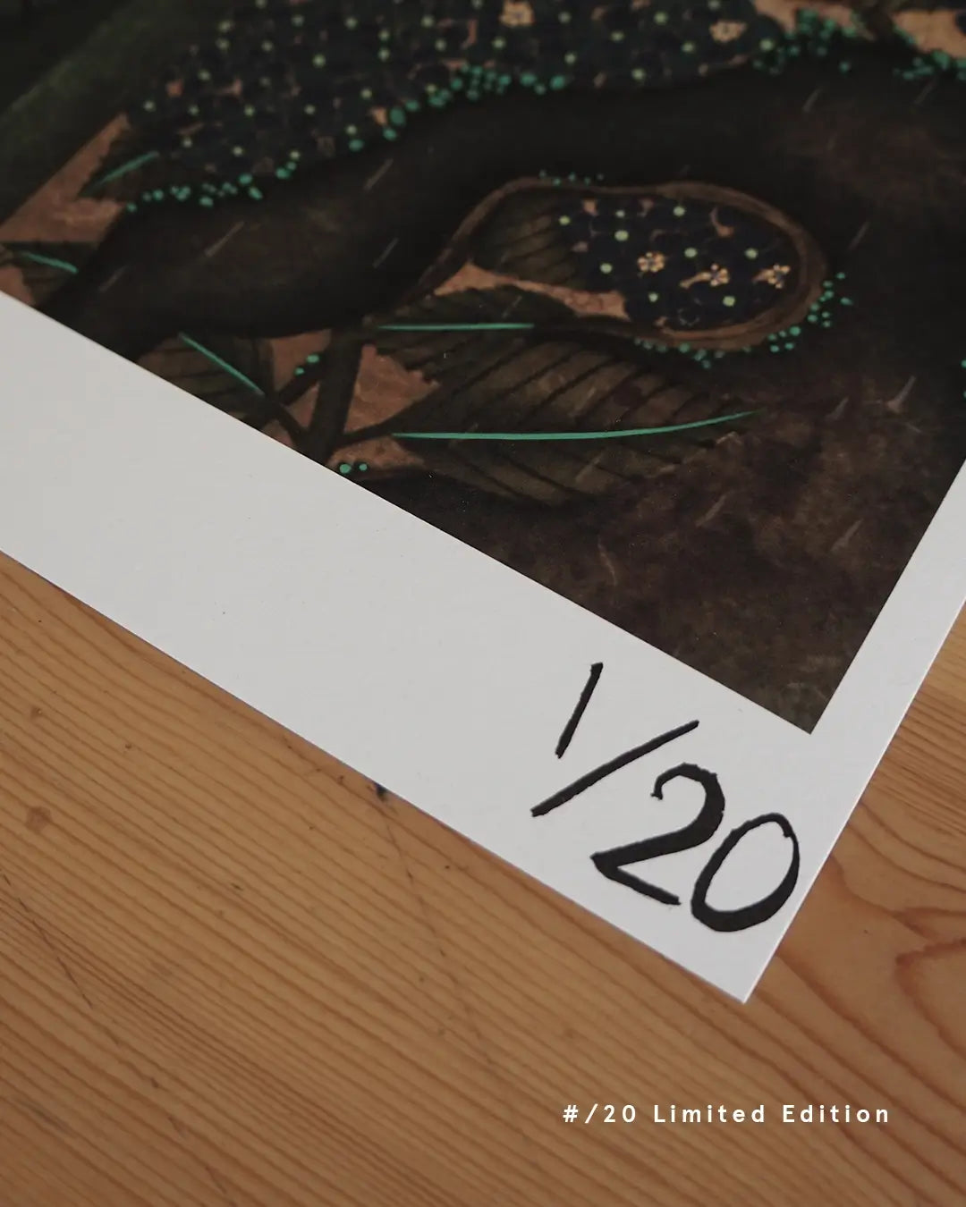 An angled close-up view of the bottom corner of a fine art print on a wooden tabletop, showing hand-written edition numbering "1/20" alongside a red and black signature mark on the white border, with detailed dark botanical artwork visible above.