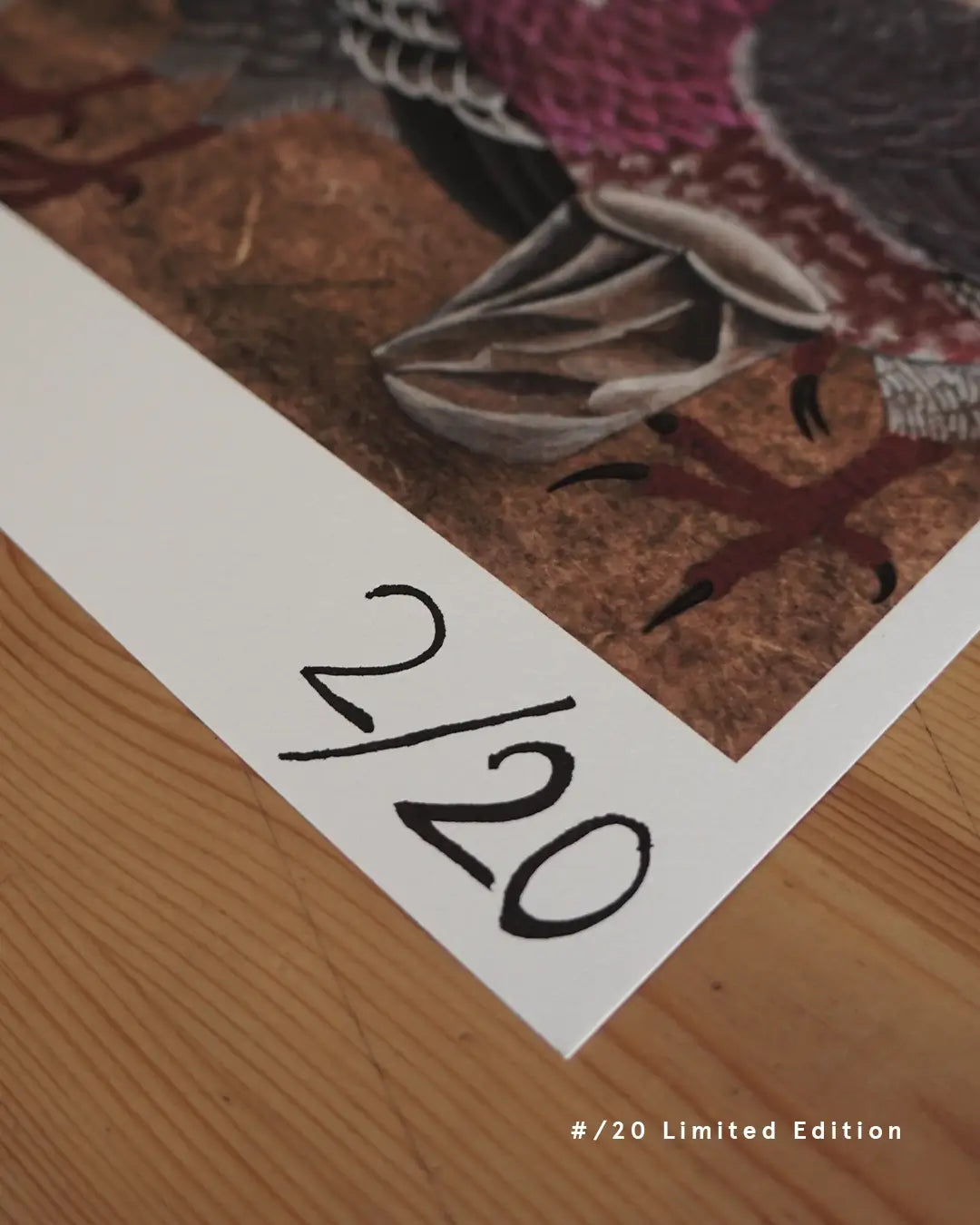 A detailed close-up shot of the lower-left corner of a fine art print resting on a light wooden table, showing handwritten edition numbering "2/20" on the white margin. The artwork above displays a pigeon's dark red feet and feathered lower body on an ochre background, accompanied by text overlay in the bottom right reading "#/20 Limited Edition."