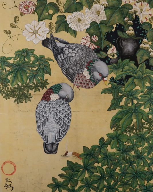 A calm Japanese Nihonga painting titled "home" by Ryuku Otsuka. Two detailed pigeons rest peacefully amidst winding green vines and white clematis flowers against a warm gold-leaf background, offering a quiet, mindful sanctuary of slow living.