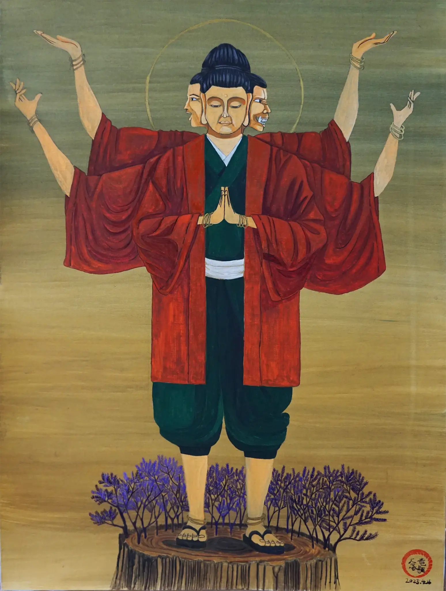 A calm Japanese Nihonga painting titled "The Four Emotions" by Ryuku Otsuka. A multi-faced, multi-armed figure reminiscent of a Buddhist deity stands in prayer on a tree stump surrounded by purple lavender. Wearing a deep red haori and dark green hakama against a soft, textured gold background, the figure embodies human emotion as a quiet visual sanctuary of slow living.