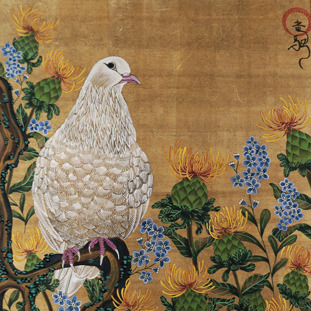 Embroidered artwork of a dove with floral elements on a gold background
