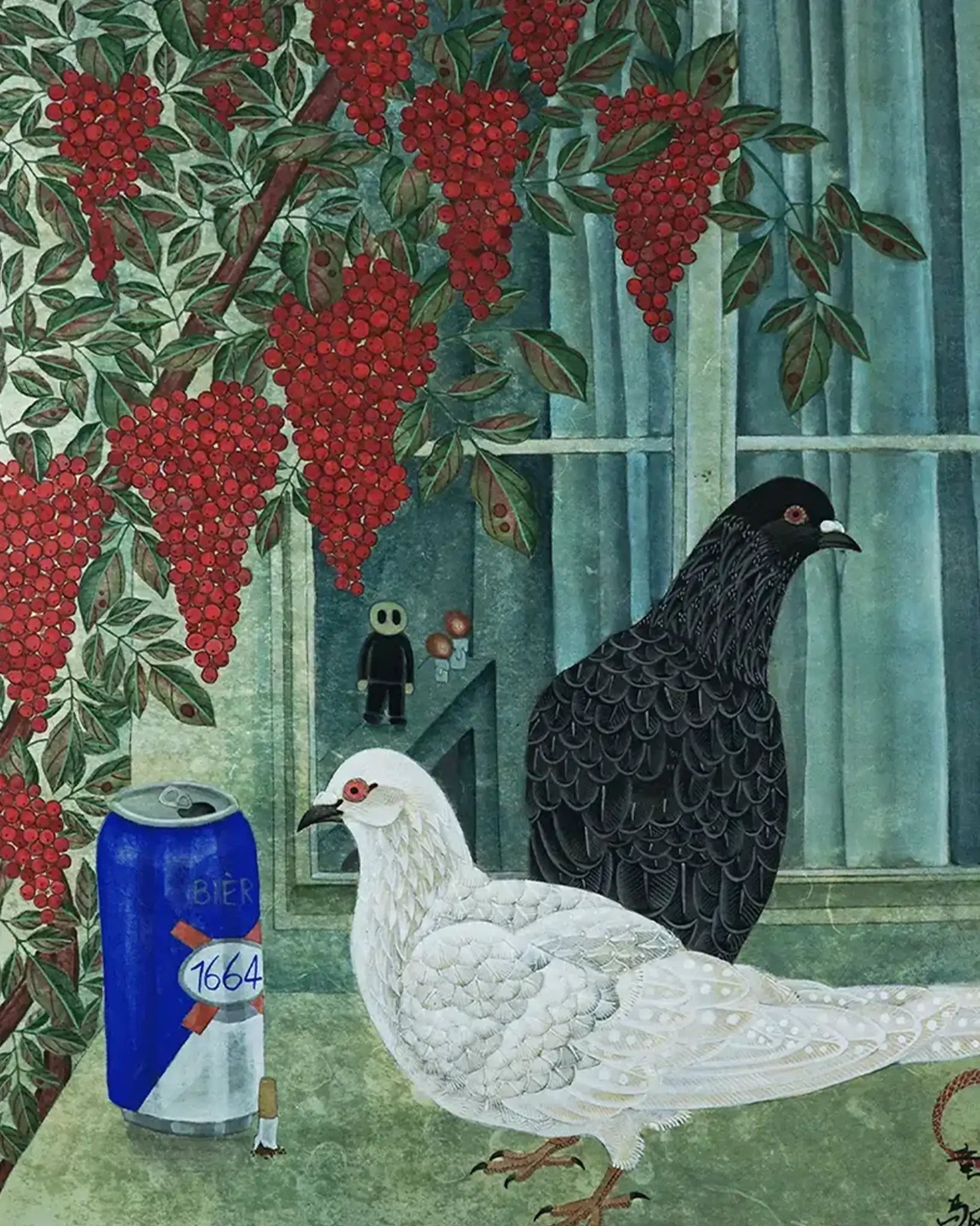 A white pigeon and a black pigeon by a window under red hanging berries, next to a blue 1664 beer can and a cigarette butt on a green ledge.