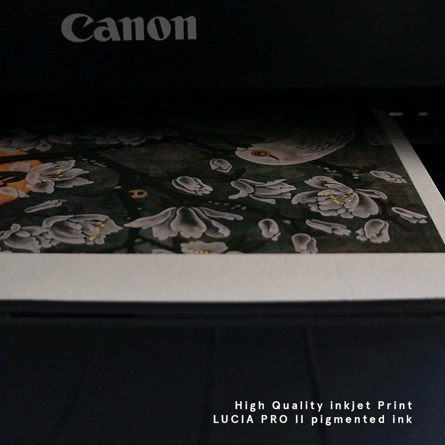 Close-up of the moody grey "Dream" art print emerging from a Canon printer, showcasing detailed white blossoms and a premium white paper border.