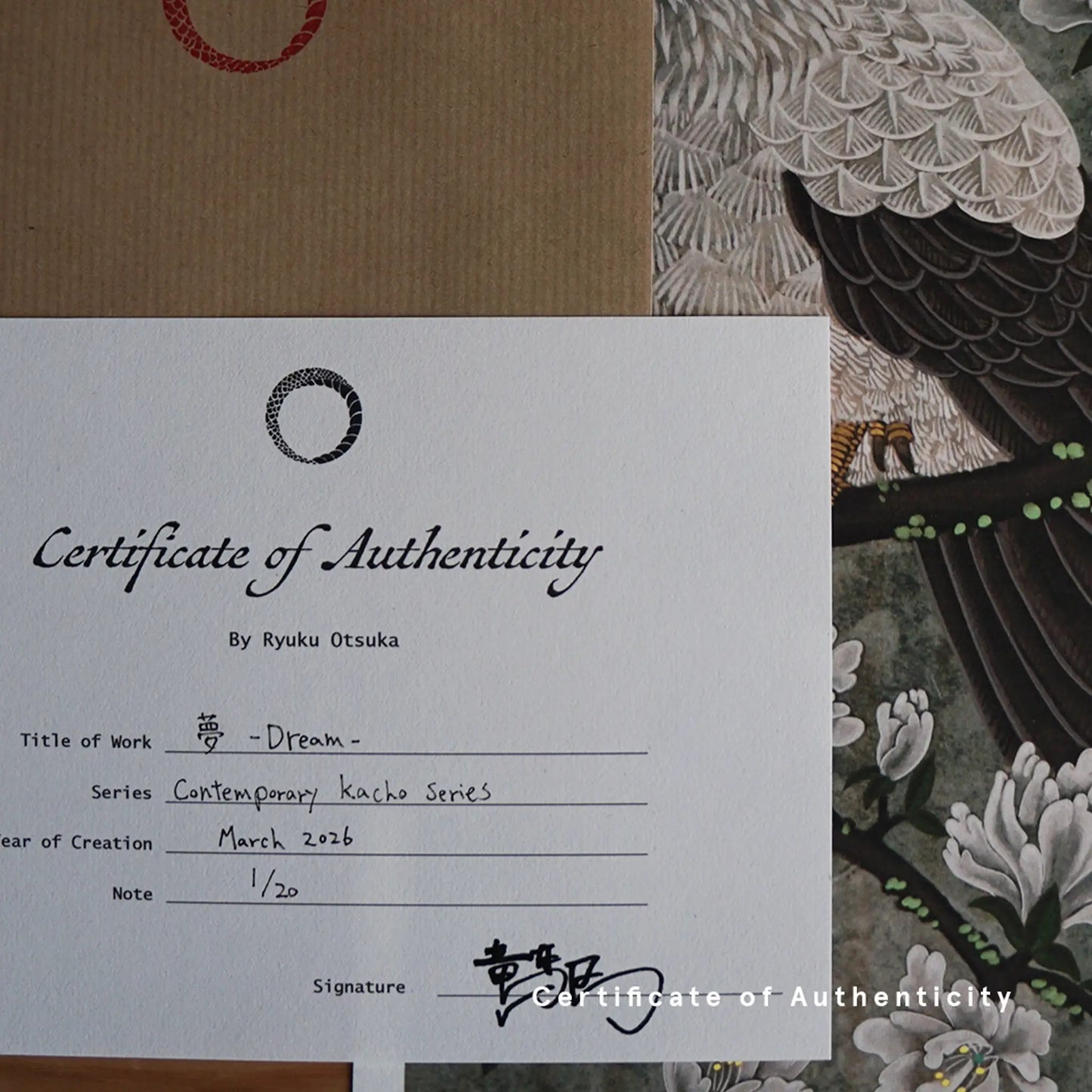 Signed Certificate of Authenticity for "Dream," created March 2026, numbered 1/20, shown next to a stamped kraft envelope and the artwork.