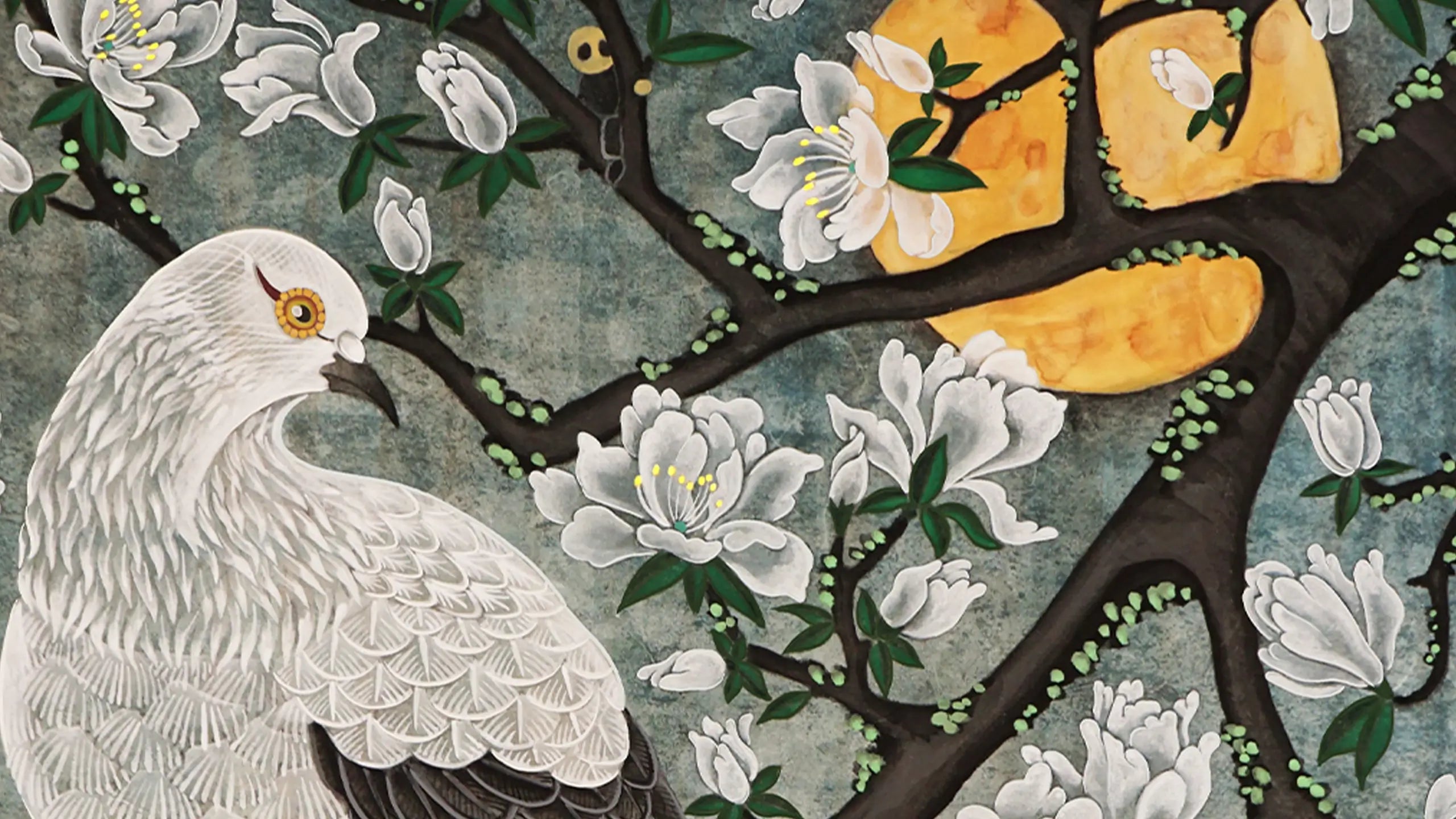 A calm Japanese Nihonga painting titled "dream" by Ryuku Otsuka. A detailed white pigeon sits quietly on a branch among delicate white blossoms under a large, glowing golden moon against a soft, textured grey-green background, creating a peaceful, mindful sanctuary.