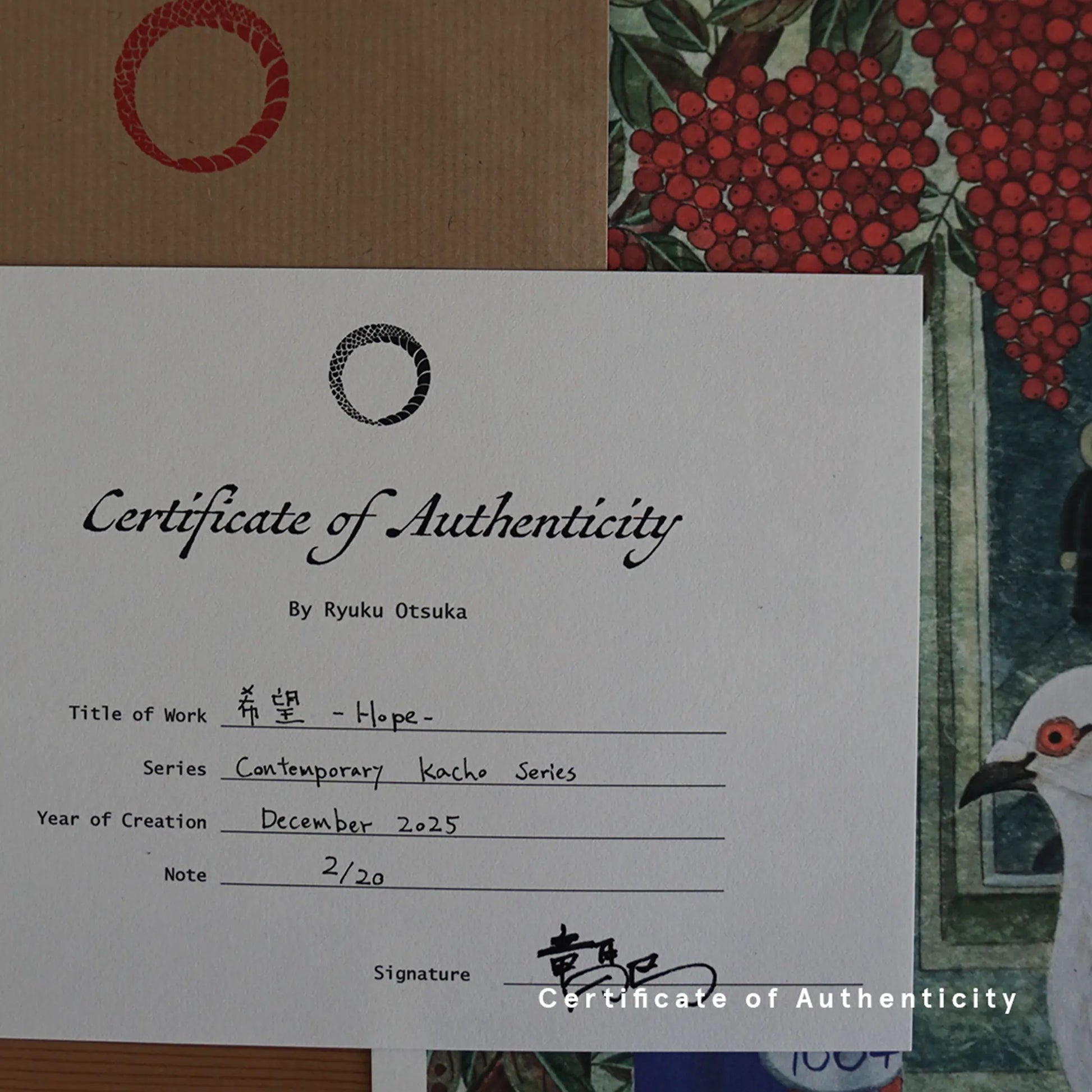 Signed Certificate of Authenticity for "Hope" from the Contemporary Kacho Series, shown with a stamped kraft envelope and a limited edition print.