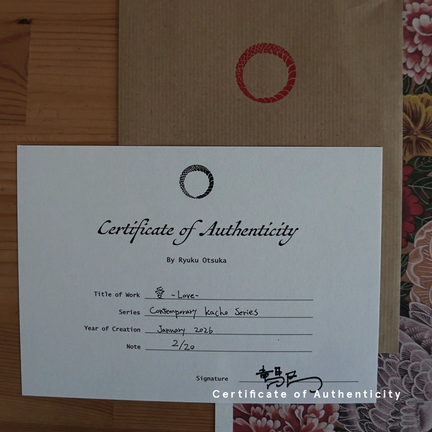 Signed Certificate of Authenticity for "Love" from the Contemporary Kacho Series, shown with a stamped kraft envelope for a limited edition print.