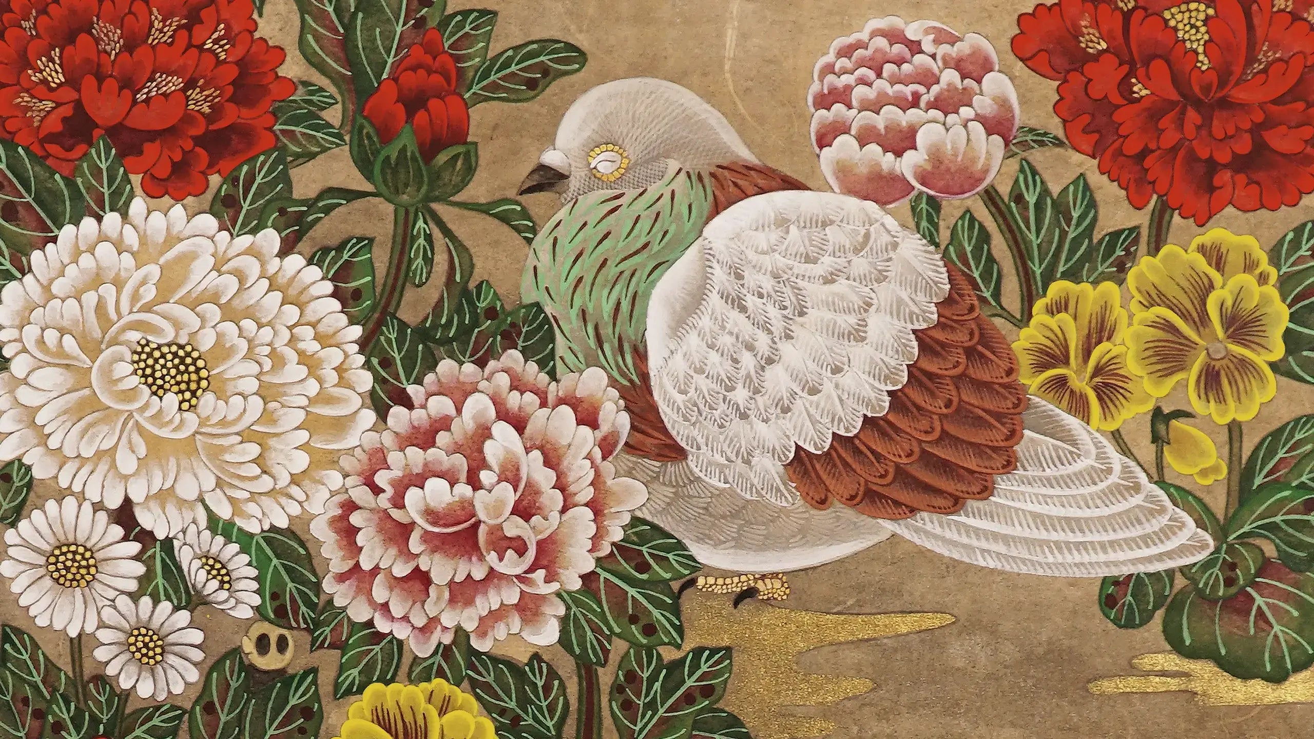 A calm Japanese Nihonga painting banner titled "love" by Ryuku Otsuka. A detailed white and brown pigeon rests with closed eyes, nestled within a lush, wide garden of vibrant red and pink peonies and delicate yellow pansies against a warm gold-leaf background, creating a panoramic sanctuary of slow living.
