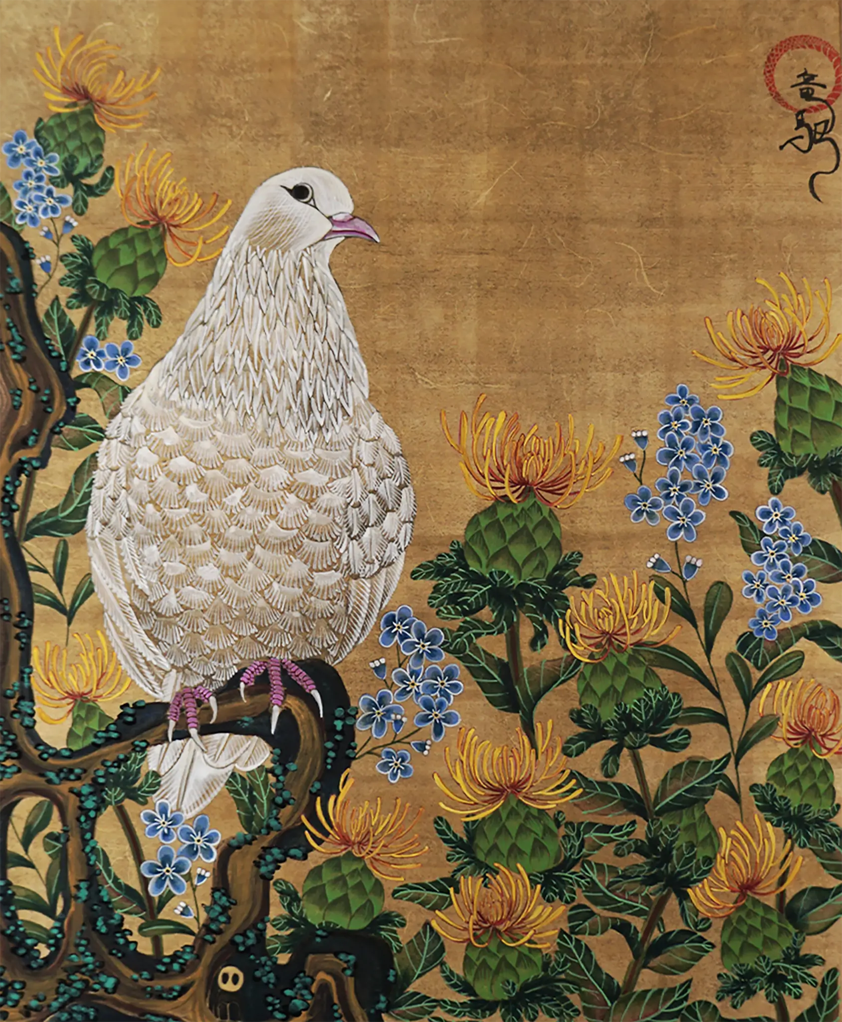 A calm Japanese Nihonga painting titled "marius" by Ryuku Otsuka. A detailed white pigeon rests peacefully on a dark, textured branch surrounded by vibrant yellow safflowers and delicate blue blossoms against a warm gold-leaf background, offering a quiet, healing visual sanctuary.