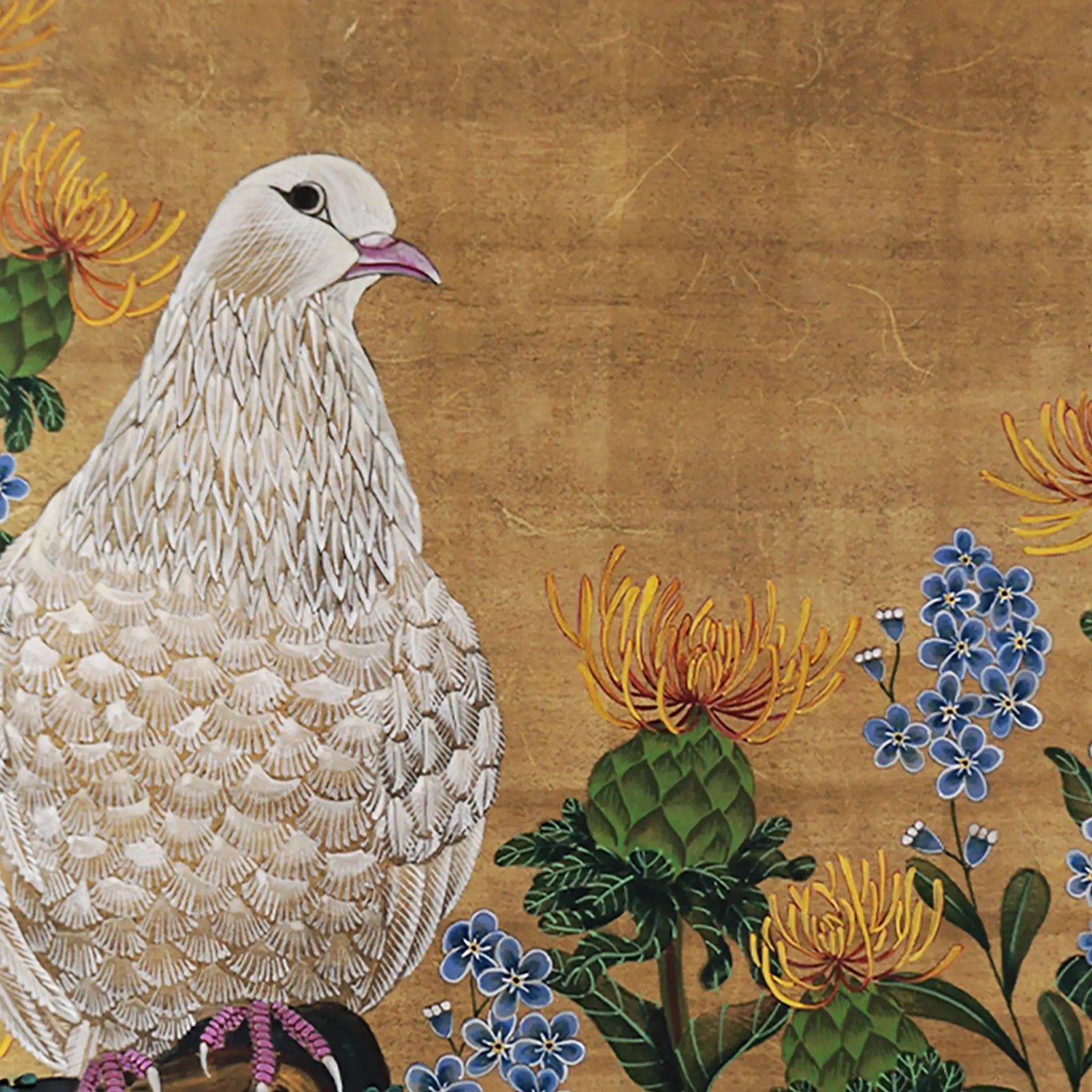 A calm Japanese Nihonga painting detail of "marius" by Ryuku Otsuka. A detailed white pigeon sits peacefully beside vibrant yellow safflowers and delicate blue blossoms against a textured, warm gold-leaf background, offering a quiet, healing visual sanctuary.