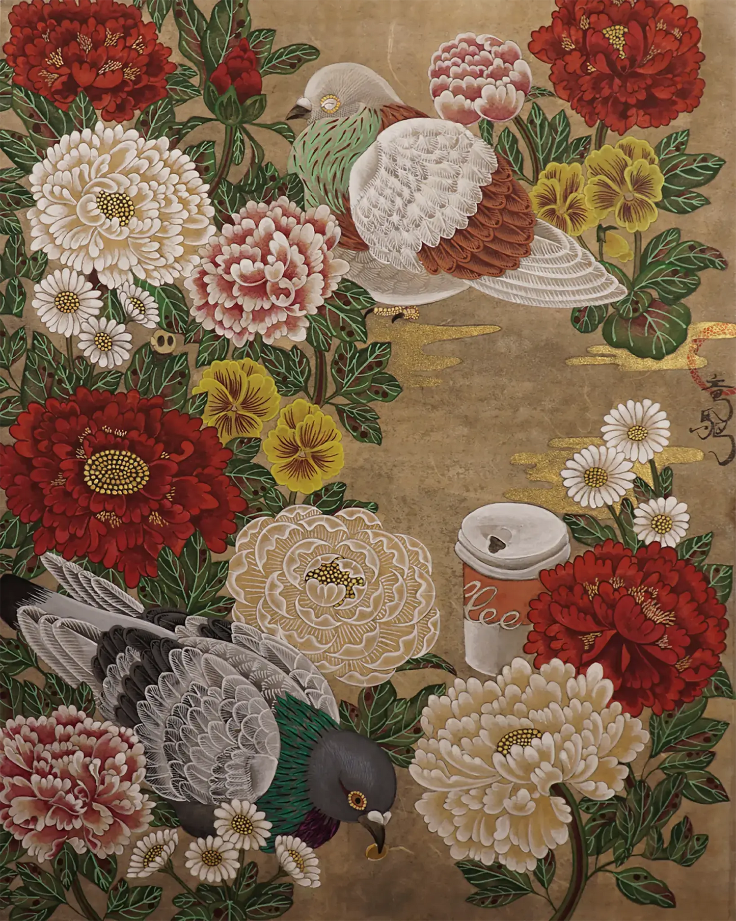 Two detailed pigeons among rich red and white peonies on a gold background. A modern coffee cup adds an urban edge to the botanical art.