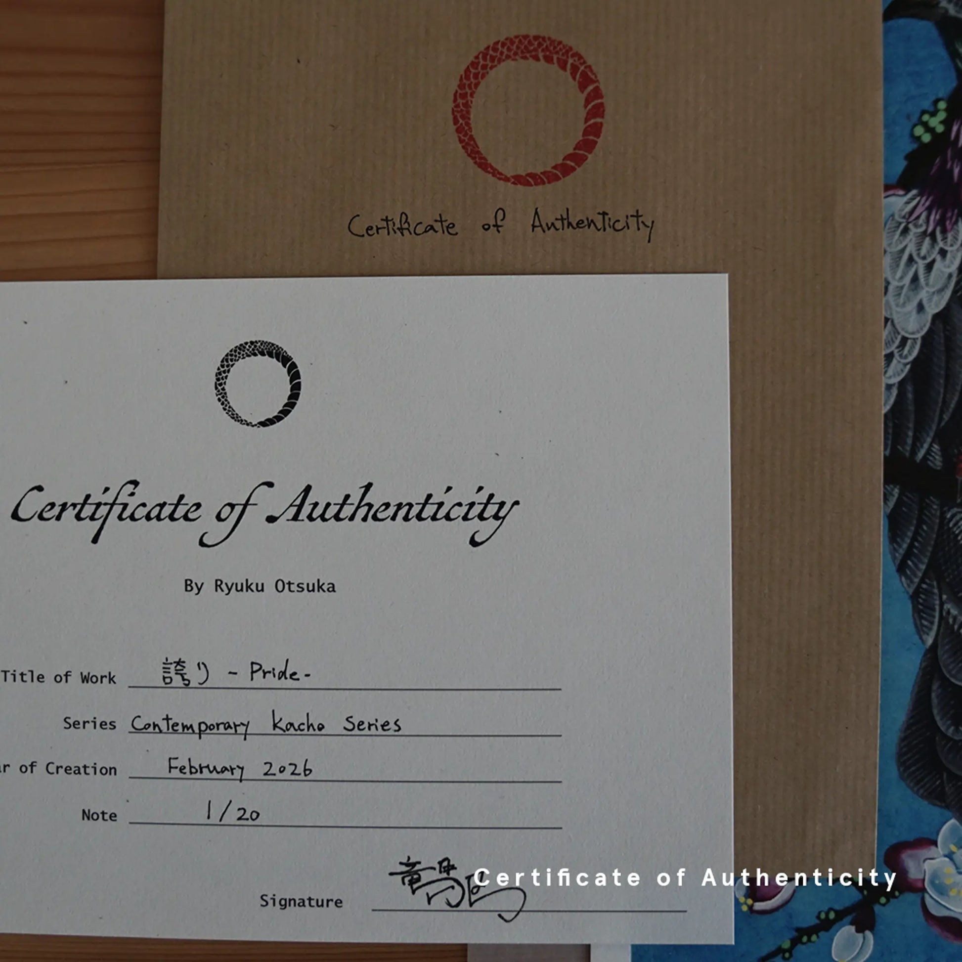 Signed Certificate of Authenticity for "Pride" from the Contemporary Kacho Series, shown with a stamped kraft envelope and a limited edition print.