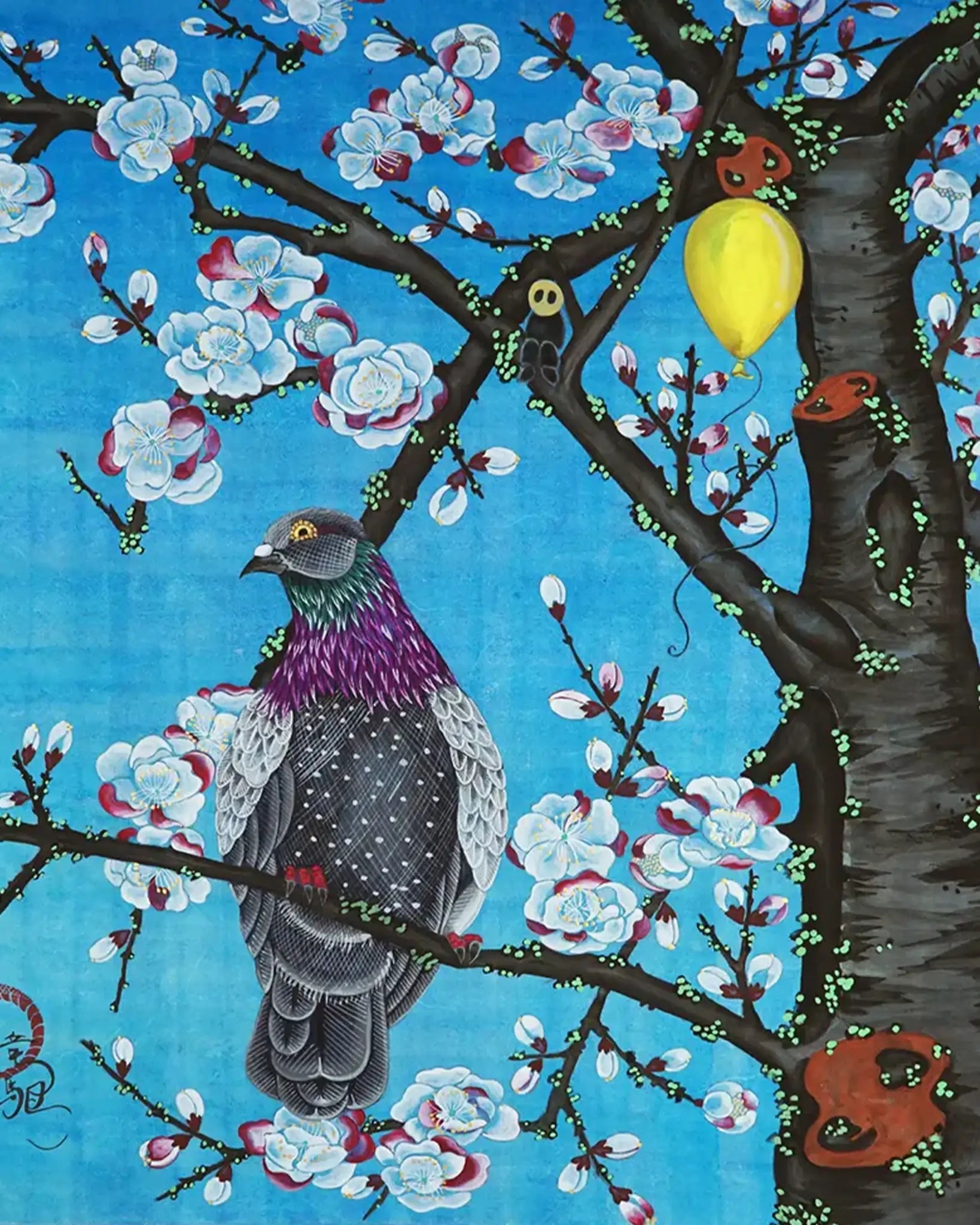 A detailed Japanese Nihonga art print titled "pride" by Ryuku Otsuka. A single pigeon with meticulously painted black, white, and iridescent purple feathers is perched quietly on a dark tree branch. The tree is filled with delicate white plum blossoms outlined in soft red, set against a brilliant sky-blue background. A bright yellow balloon floats gently near the trunk, presenting a peaceful, slow-living scene with a subtle urban touch.