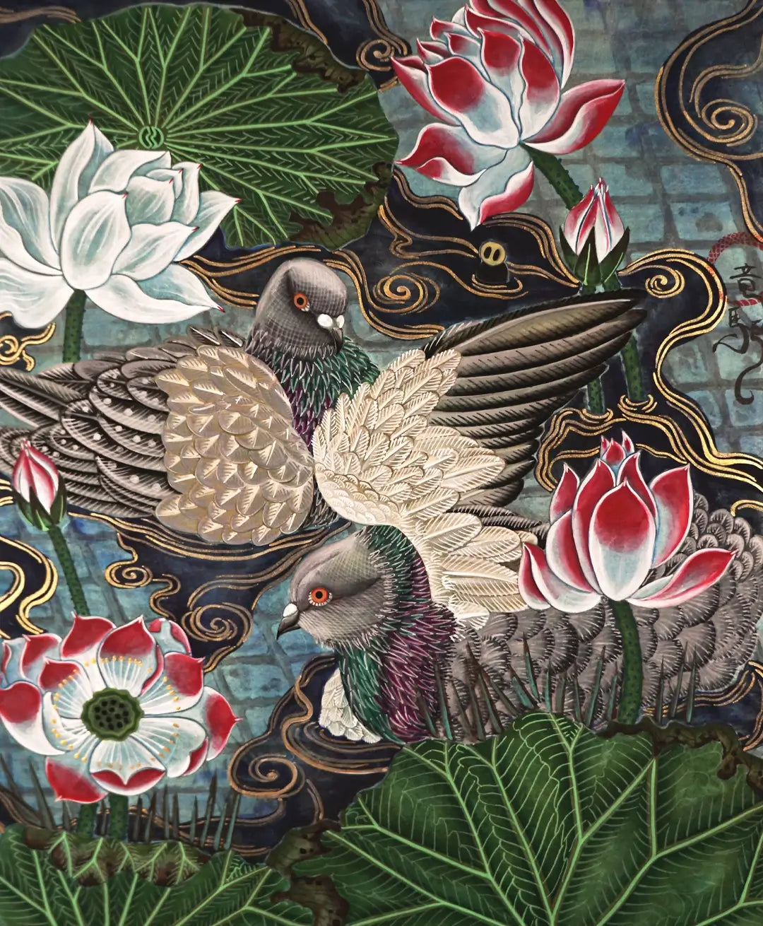A full-view Japanese Nihonga art print titled "rest" (休息) by Ryuku Otsuka. The composition features two detailed grey pigeons resting amidst a pond filled with large green lotus leaves, blooming white and red-tipped lotus flowers, and delicate lotus buds. Swirling golden water currents accent the deep, dark pond water, which reveals a subtle background of blue bricks, blending a tranquil natural scene with a quiet touch of urban juxtaposition.