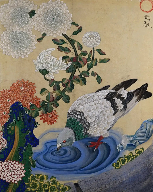 Contemporary Japanese kacho-ga art print 'Door' by Ryuku Otsuka, featuring a pigeon drinking near chrysanthemums and a plastic bottle on Washi paper.