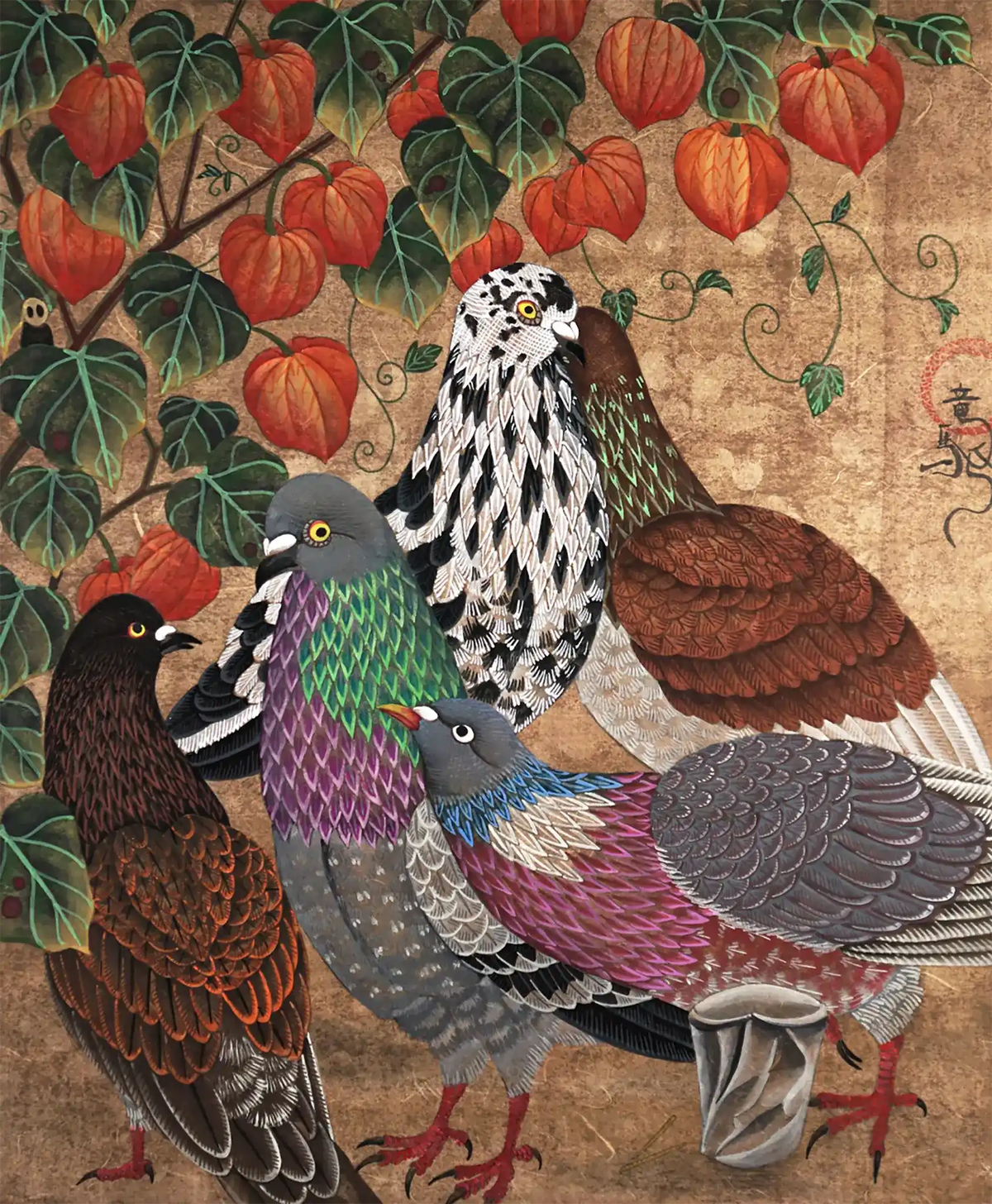 A calm Japanese Nihonga painting titled "surface" by Ryuku Otsuka. Five detailed pigeons with intricate, colorful feathers gather beneath hanging orange Chinese lantern plants, offering a quiet, textured sanctuary of slow living.