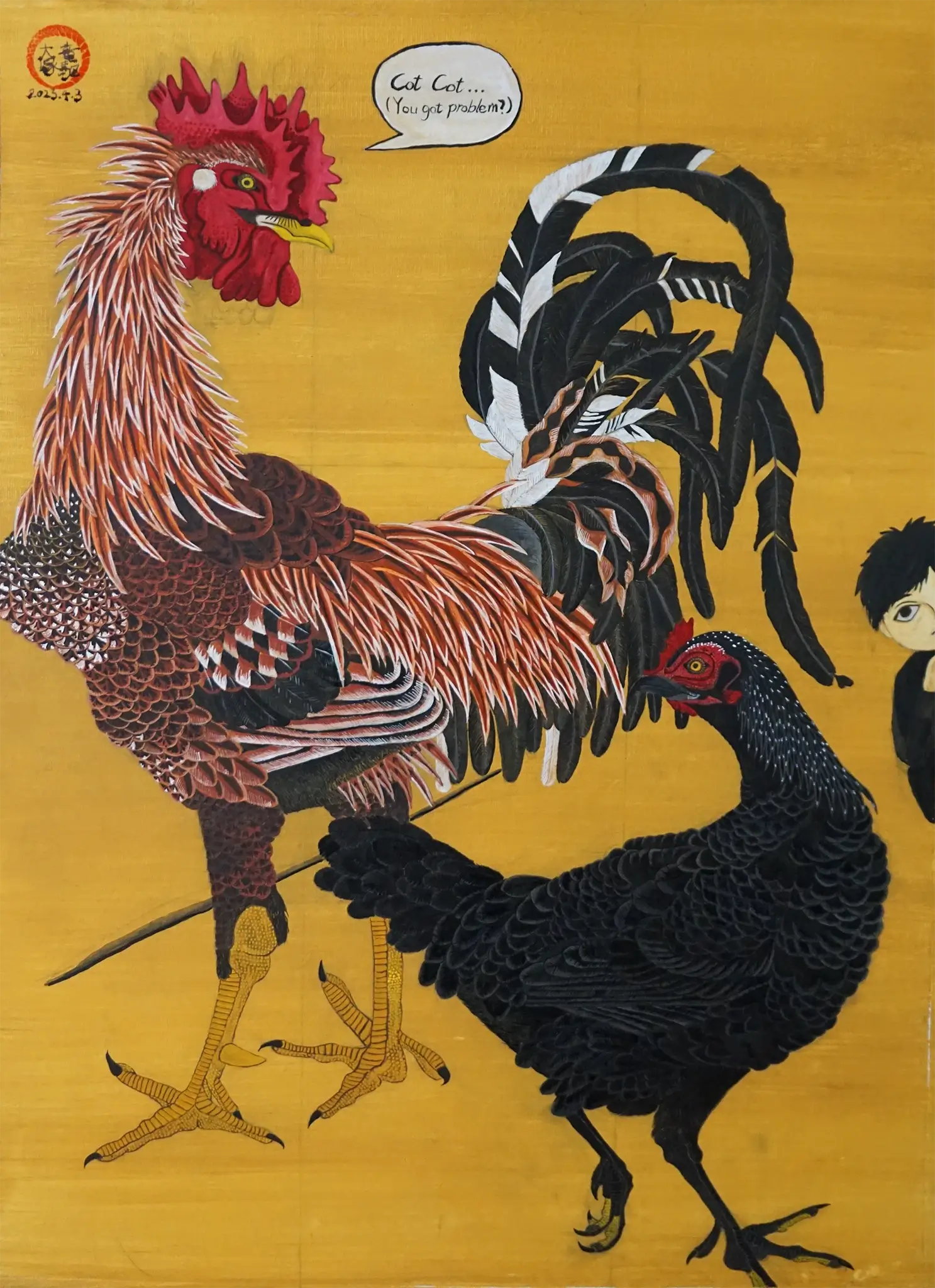 A calm Japanese Nihonga painting titled "untitled" by Ryuku Otsuka. A magnificent textured rooster and a sleek black hen stand against a vibrant, warm gold background. A playful hand-drawn speech bubble and a small, quiet figure peeking from the right edge bring a gentle, reflective character to this mindful space.