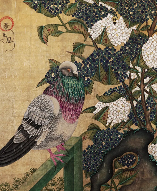 A full-view Japanese Nihonga art print titled "vitality" by Ryuku Otsuka. The composition features a beautifully detailed grey pigeon with iridescent green and purple neck feathers perched on a dark green railing. The bird is set against a lush backdrop of white and dark blue hydrangeas clinging to textured garden stones, painted with a quiet, slow-living dedication on a warm, textured gold-toned background.