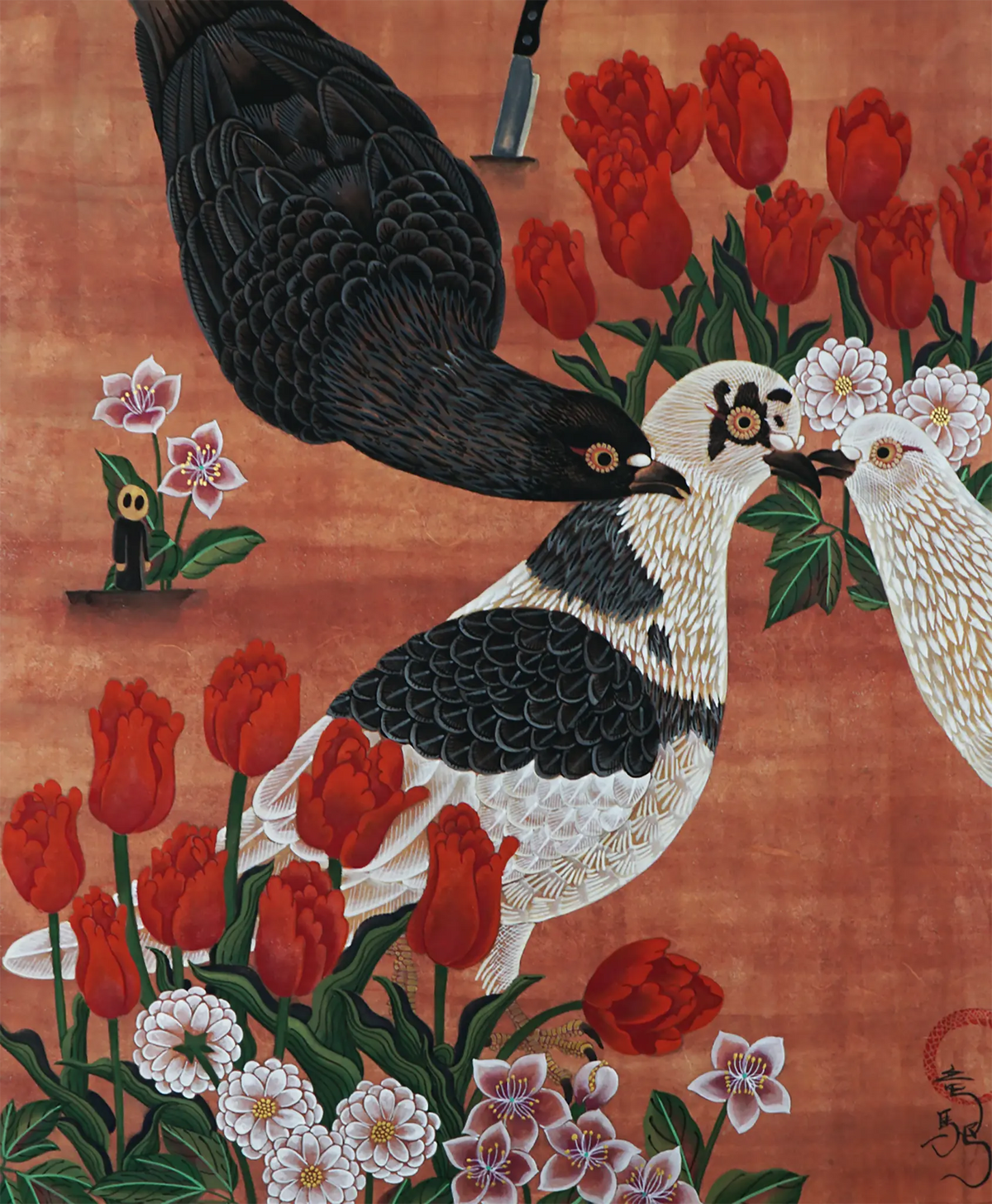 A calm Japanese Nihonga painting titled "whisper" by Ryuku Otsuka. Three detailed pigeons rest close together among vibrant red tulips and delicate blossoms against a warm terracotta background, creating a peaceful visual sanctuary of slow living.