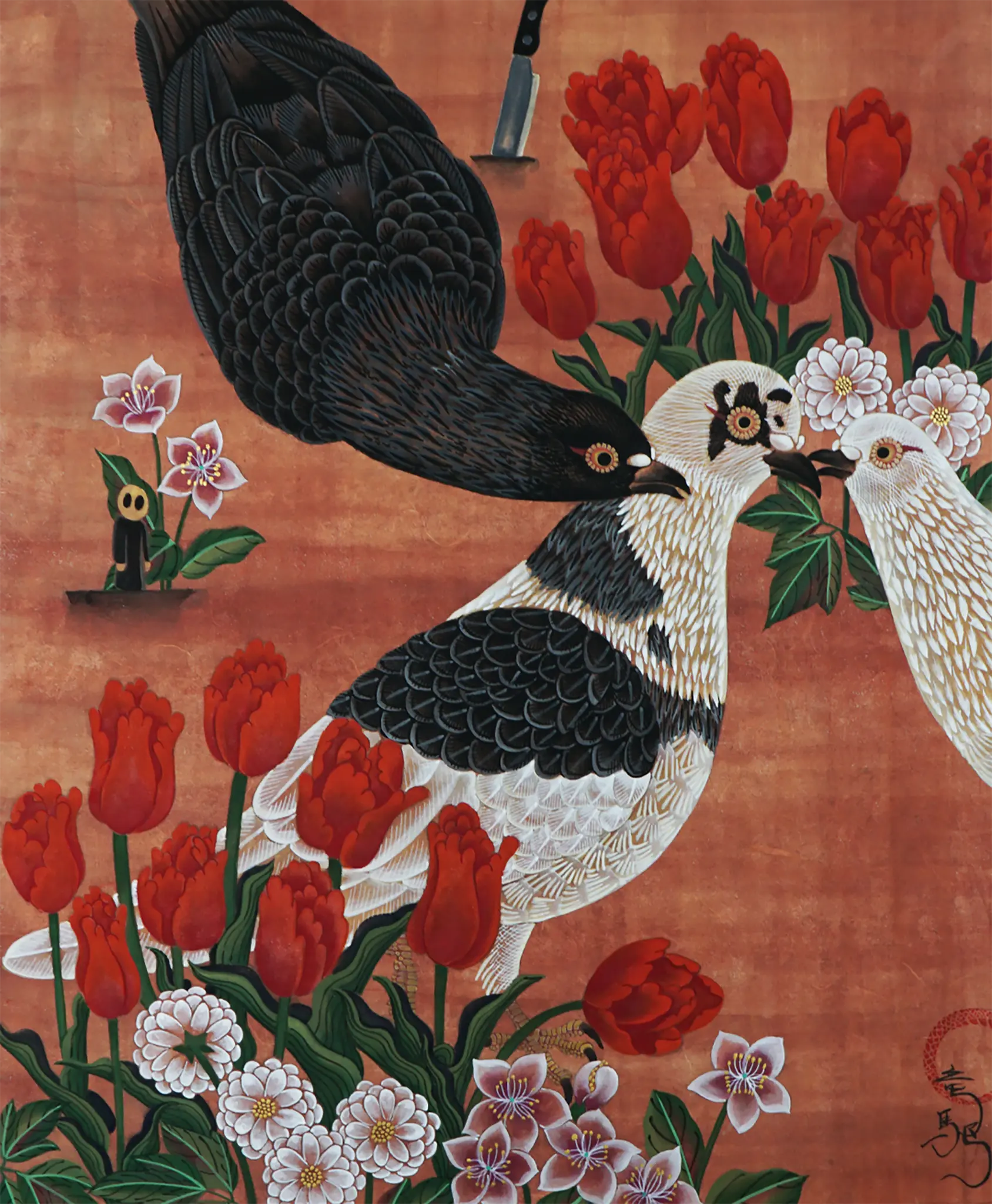 A calm Japanese Nihonga painting titled "whisper" by Ryuku Otsuka. Three detailed pigeons rest close together among vibrant red tulips and delicate blossoms against a warm terracotta background, creating a peaceful visual sanctuary of slow living.